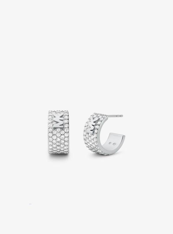 Damske Nausnice Michael Kors Precious Metal-Plated Sterling Silver Pavé Logo Mini Hoop Strieborne - Šperky Michael Kors Slevy | MKNEG-7865